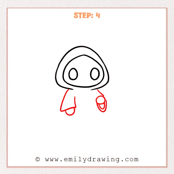 how to draw a cartoon grim reaper - The cartoon grim reaper now has a draping cloak body, a wide left sleeve, and a raised right sleeve with a small hand oval.